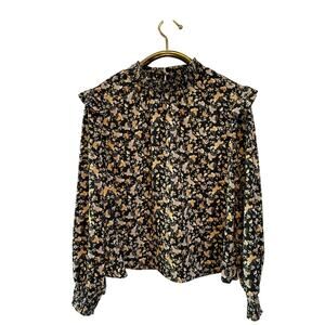 Vigoss Top Floral High Neck Shirred Ruffle Trim Blouse Cottagecore Size Large